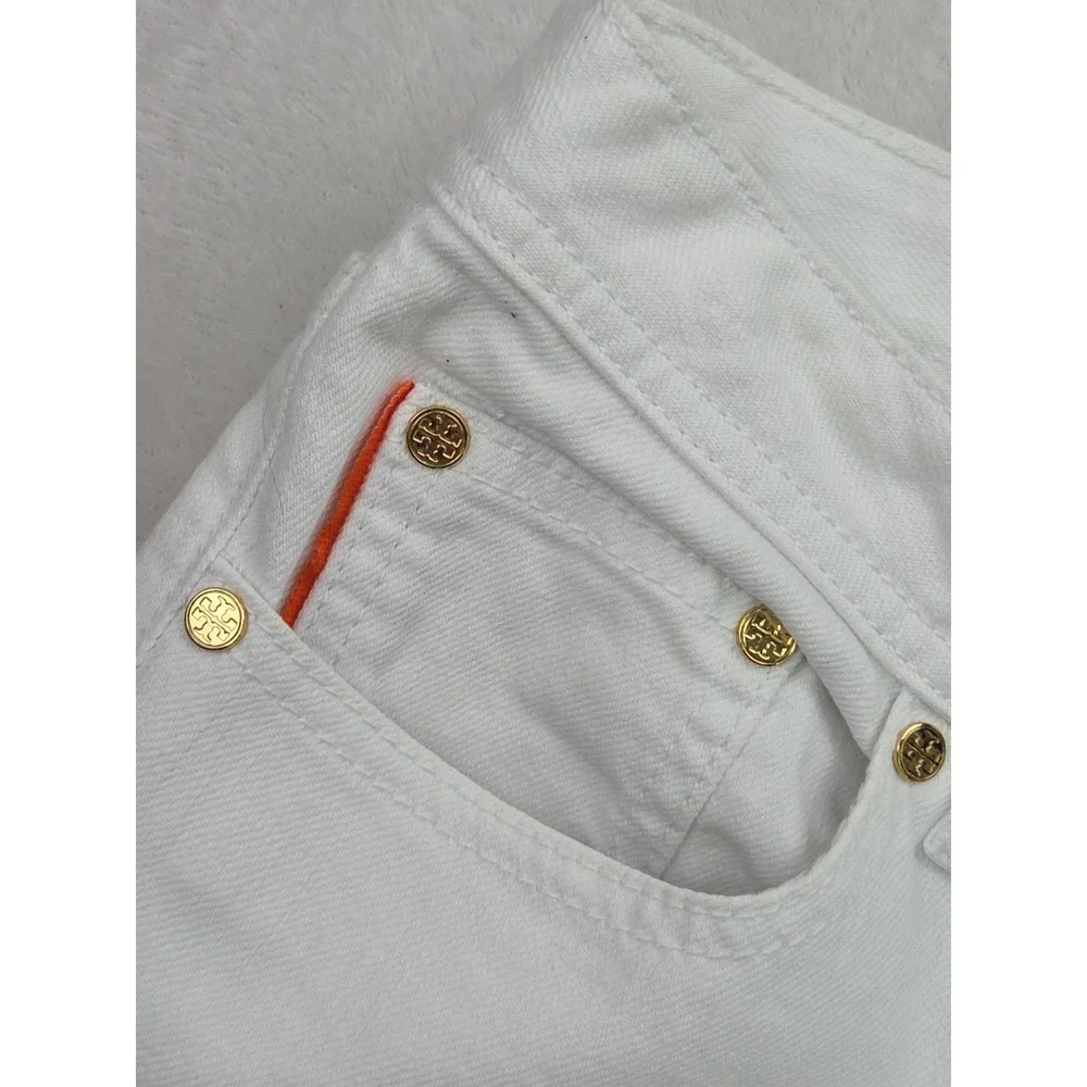 Tory Burch Classic Tory Boot Jeans Size 27 Logo Pocket Gold Button White Denim